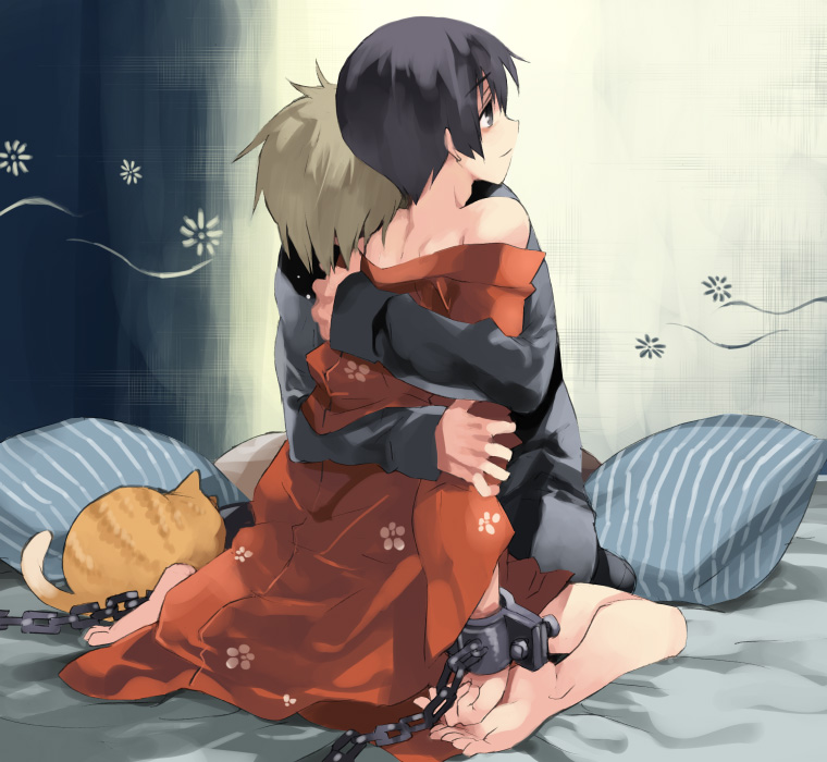 2038, japan (hetalia), united kingdom (hetalia), axis powers hetalia, 00s, 2boys, barefoot, black hair, blonde hair, bound, bound wrists, cat, chain, cuffs, feet, hug, indoors, japanese clothes, kimono, male focus, multiple boys, shackles, soles, toes, yaoi