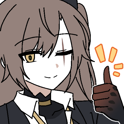 lix (iroiro3843), leva (girls' frontline 2), ump45 (girls' frontline), girls' frontline, girls' frontline 2: exilium, korean commentary, lowres, 1girl, black jacket, brown hair, collared shirt, jacket, one eye closed, scar, scar across eye, scar on face, shirt, simple background, smile, thumbs up, white background, white shirt, yellow eyes