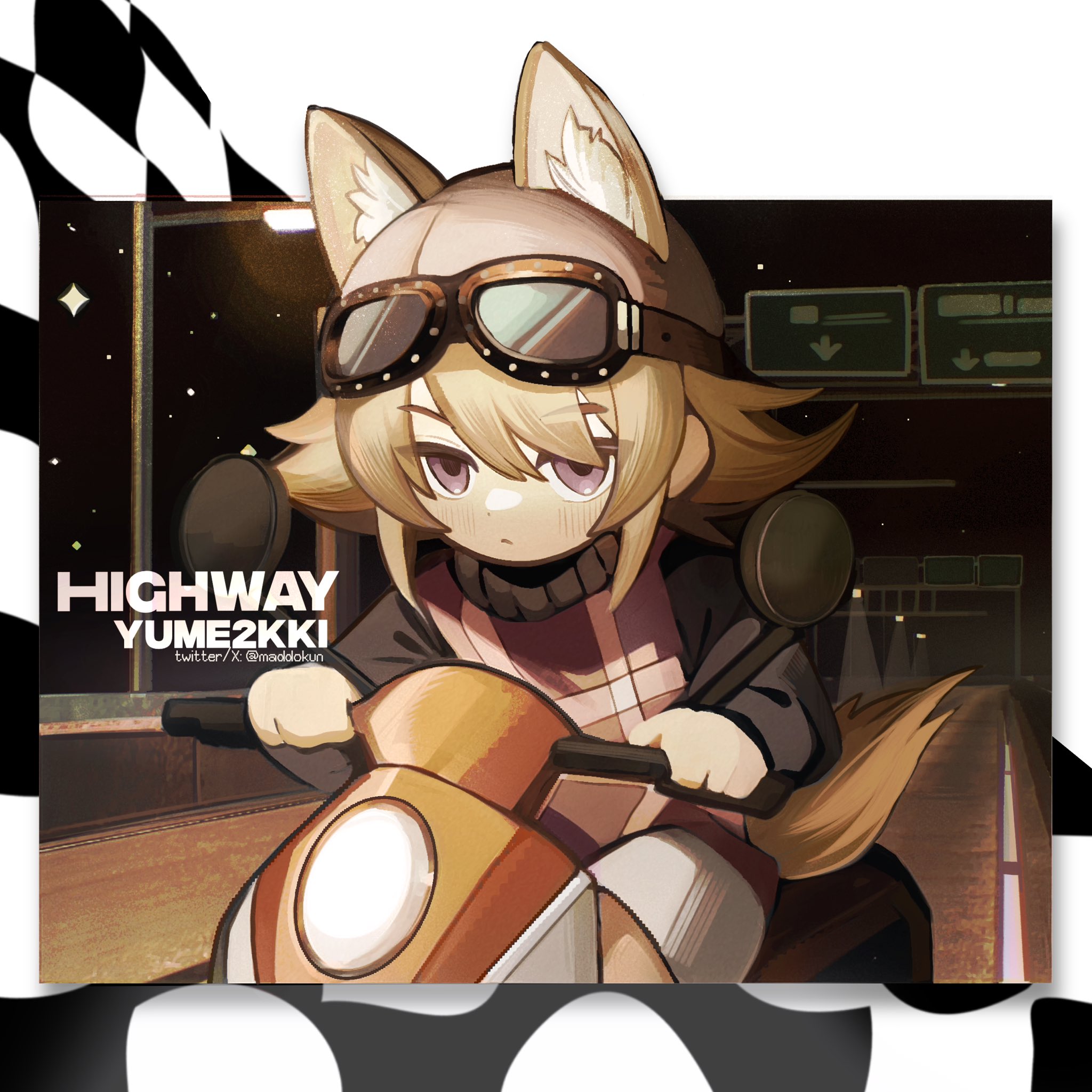 madproject6, urotsuki, yume 2kki, hashtag-only commentary, highres, 1girl, animal ears, black sweater, blonde hair, closed mouth, copyright name, deformed, dot nose, expressionless, goggles, goggles on head, grey skirt, hair flaps, helmet, highway, in-universe location, lamppost, location name, looking at viewer, miniskirt, motor vehicle, motorcycle, night, night sky, on motorcycle, outdoors, pilot helmet, pink eyes, pink sweater vest, plaid clothes, plaid sweater vest, plaid vest, short hair, sidelocks, sitting, skirt, sky, solo, star (sky), starry sky, sweater, sweater vest, tail, twitter username, vest, wolf ears, wolf girl, wolf tail