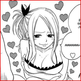 mashima hiro, lucy heartfilia, fairy tail, lowres, 00s, 1girl, border, female focus, french text, greyscale, heart, monochrome, red border, scanlation, solo