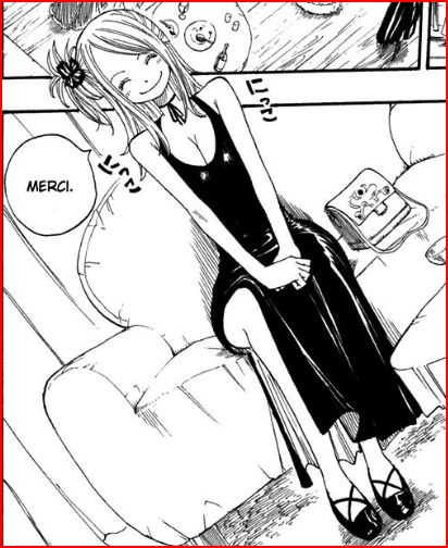 mashima hiro, lucy heartfilia, fairy tail, non-web source, 00s, 1girl, border, female focus, french text, full body, greyscale, indoors, monochrome, red border, scanlation, solo