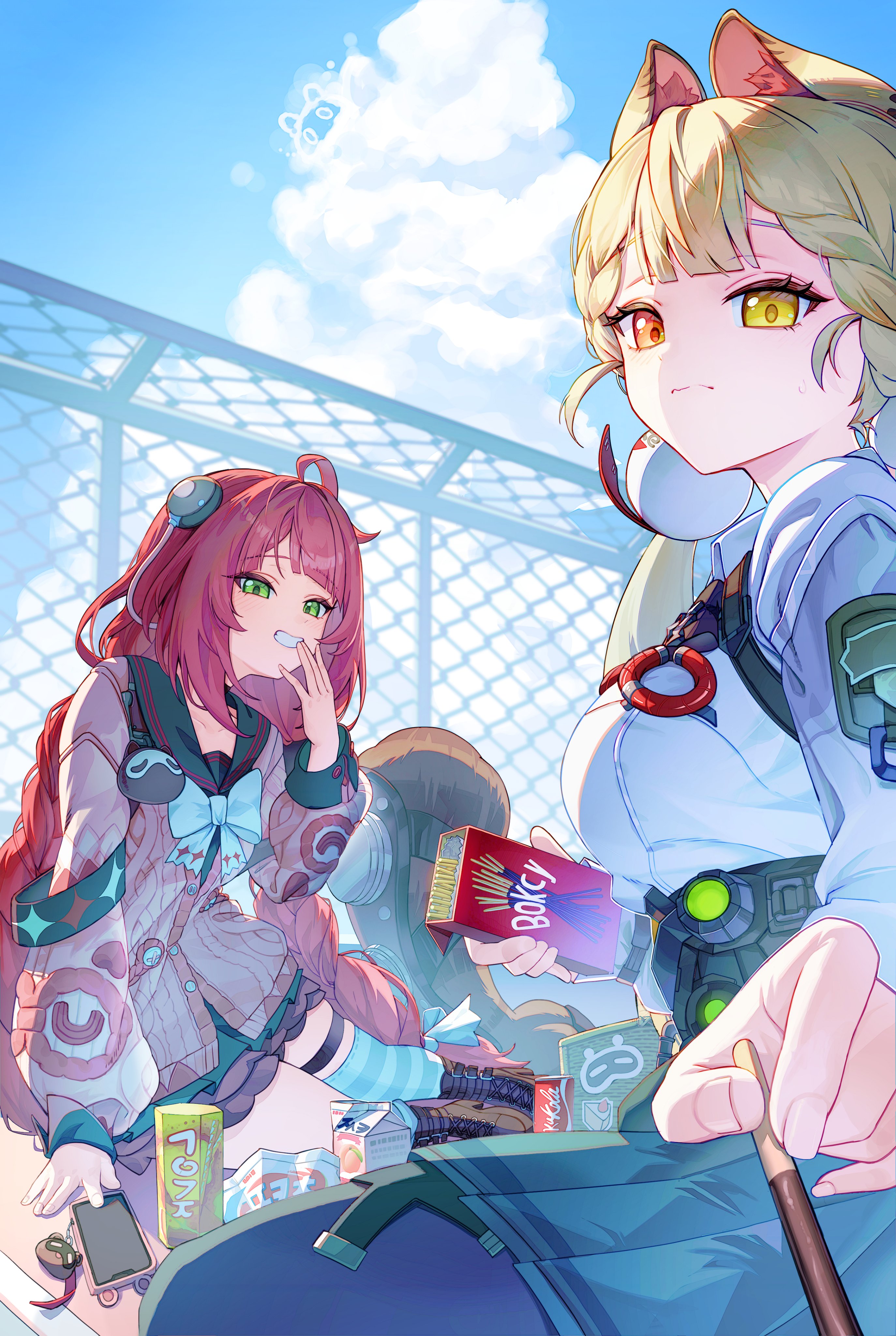leegh19769, alice thymefield, kamanosuke (zenless zone zero), ukinami yuzuha, zenless zone zero, braided twintails, absurdres, highres, 1other, 2girls, animal, animal ears, backpack, bag, bag charm, belt, black pantyhose, black sailor collar, boots, braid, brown boots, can, cardigan, cellphone, cellphone charm, charm (object), chest bow, closed mouth, covering own mouth, drink, drink can, fence, food, green eyes, green skirt, grin, hair ornament, hearing aid, heterochromia, incoming gift, long hair, looking at viewer, multiple girls, outdoors, pantyhose, phone, pink cardigan, pocky, pov, rabbit ears, rabbit girl, raccoon, red eyes, red hair, sailor collar, shirt, skirt, smartphone, smile, soda can, sphere hair ornament, tanuki, twintails, white shirt, yellow eyes