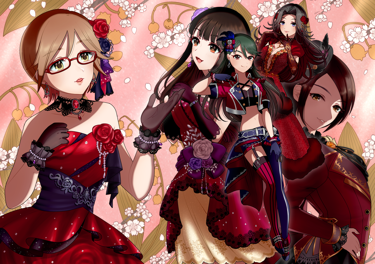 ich., aikawa chinatsu, kirino aya, kurokawa chiaki, takahashi reiko, togo ai, idolmaster, idolmaster cinderella girls, 5girls, dress, flower, glasses, gloves, jewelry, long hair, multiple girls, red ballad (idolmaster), short hair