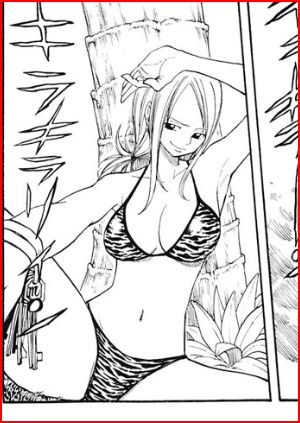 mashima hiro, lucy heartfilia, fairy tail, lowres, 00s, 1girl, bikini, border, female focus, greyscale, monochrome, naughty face, red border, scanlation, solo, swimsuit