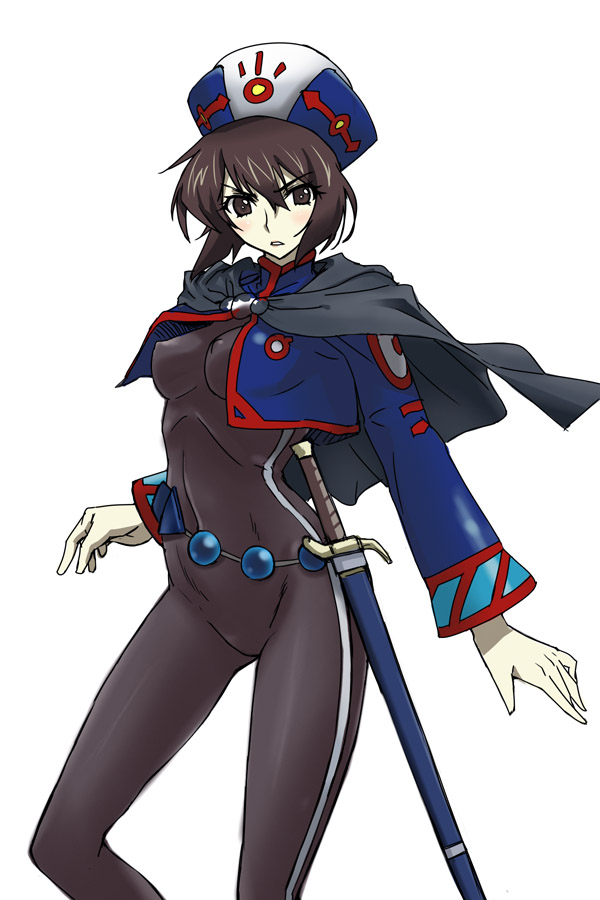 michael f91, chloe valens, tales of (series), tales of legendia, 1girl, black hair, bob cut, bodysuit, breasts, brown eyes, brown hair, cape, covered erect nipples, cropped jacket, female focus, hat, nipples, short hair, solo, sword, weapon, white background
