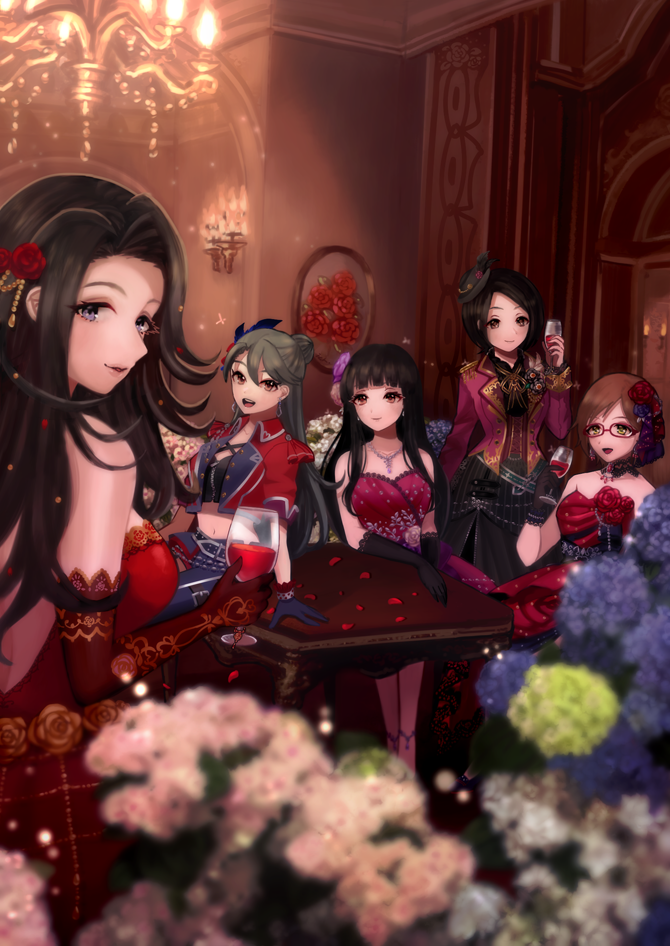 ich., aikawa chinatsu, kirino aya, kurokawa chiaki, takahashi reiko, togo ai, idolmaster, idolmaster cinderella girls, 5girls, cup, dress, drinking glass, flower, glasses, gloves, jewelry, long hair, multiple girls, red ballad (idolmaster), short hair, table