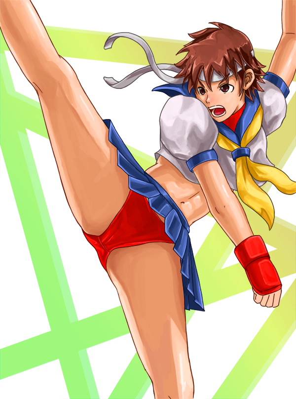 goemon23, goemon23 (pixiv), kasugano sakura, capcom, street fighter, bad id, bad pixiv id, 1girl, bandana, blue sailor collar, buruma, female focus, headband, high kick, kicking, midriff, open mouth, road, sailor collar, school uniform, serafuku, short hair, solo, street, upskirt