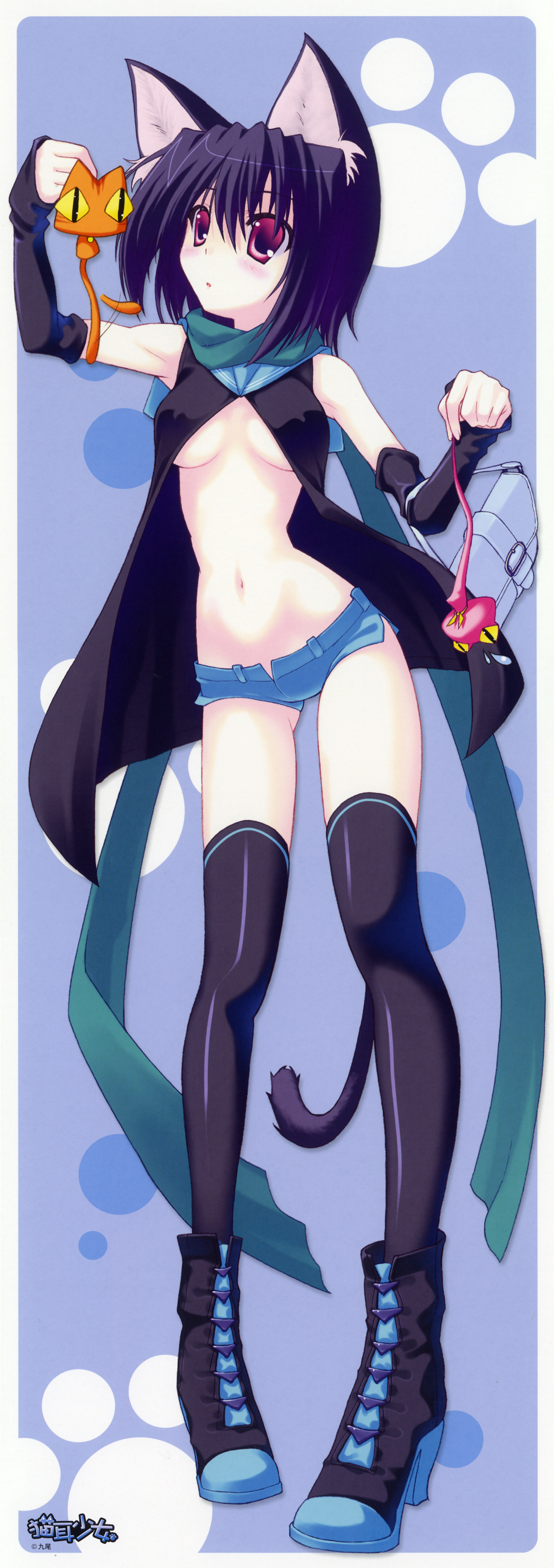 nanao naru, absurdres, highres, long image, tall image, 1girl, animal ears, breasts, female focus, midriff, pink eyes, purple hair, short shorts, shorts, small breasts, solo, stick poster, tail, thighhighs, underboob