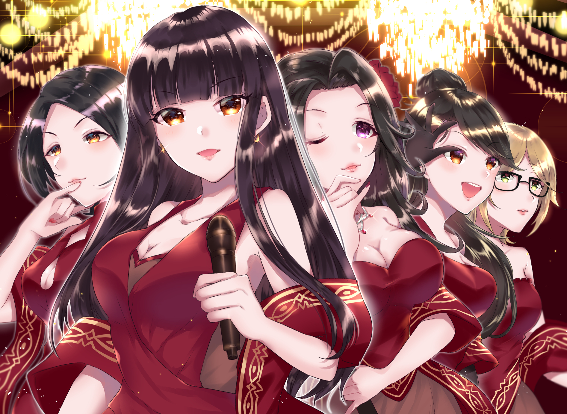 soubimonogatari507, aikawa chinatsu, kirino aya, kurokawa chiaki, takahashi reiko, togo ai, comiket 95, idolmaster, idolmaster cinderella girls, highres, 5girls, bare shoulders, breasts, cleavage, collarbone, dress, glasses, jewelry, long hair, microphone, multiple girls, red ballad (idolmaster), red dress, red shawl, shawl, short hair