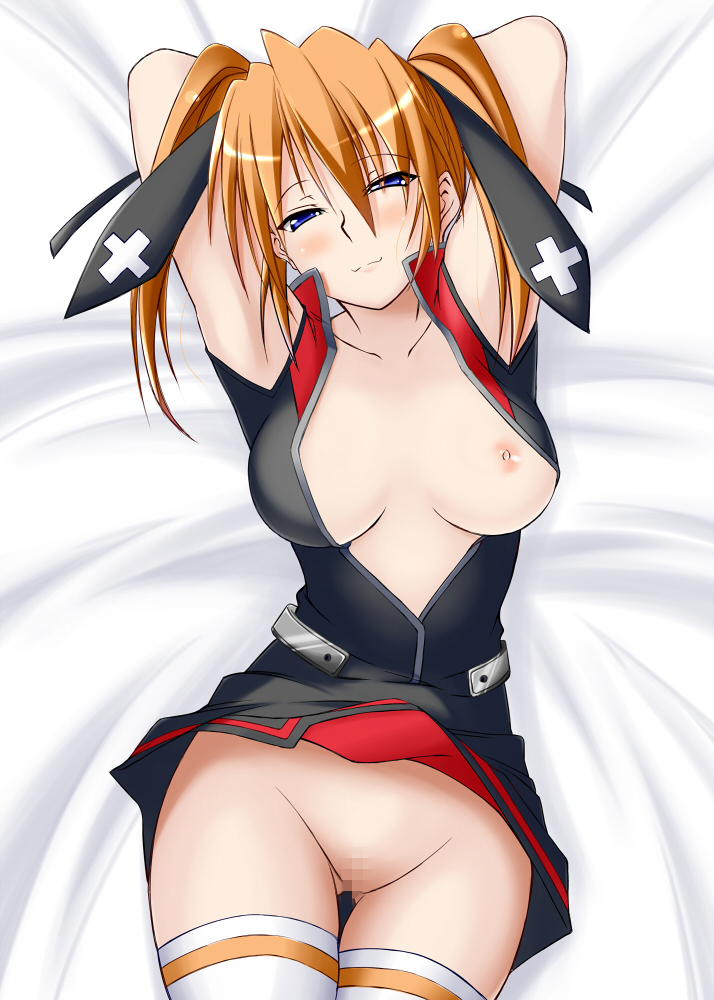 sakura yuu, teana lanster, lyrical nanoha, mahou shoujo lyrical nanoha, mahou shoujo lyrical nanoha strikers, 00s, 1girl, blue eyes, blush, breasts, censored, female focus, large breasts, no panties, open clothes, open shirt, orange hair, shirt, smile, solo, thigh gap, thighhighs