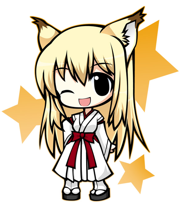 miu (pixiv16308), tenko kuugen, wagaya no oinari-sama, bad id, bad pixiv id, 00s, animal ears, black eyes, blonde hair, chibi, fox ears, japanese clothes, long hair, miko, one eye closed, solo, very long hair, wink