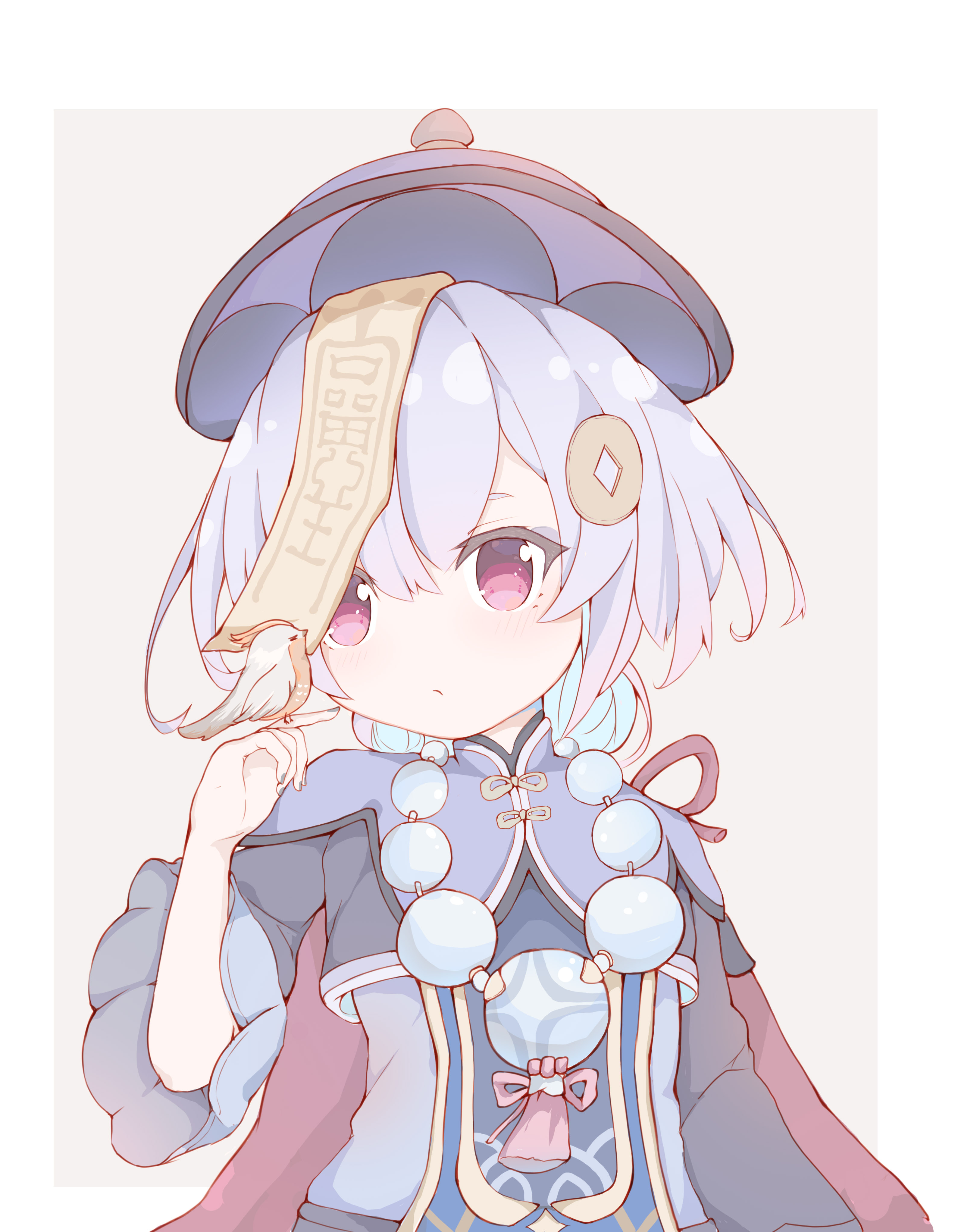 yinber, qiqi (genshin impact), genshin impact, absurdres, commentary request, highres, 1girl, arm up, bead necklace, beads, blue hair, blush, border, cape, closed mouth, coin hair ornament, colored inner hair, dress, hair ornament, hat, jewelry, jiangshi, long sleeves, looking at viewer, multicolored hair, necklace, ofuda, ofuda on head, purple dress, purple hair, purple hat, qingdai guanmao, red cape, red eyes, short hair, solo, talisman, upper body, white border, wide sleeves