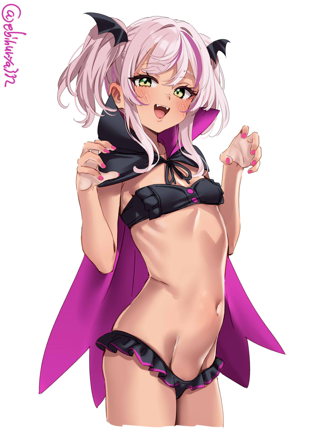 ebifurya, comandante cappellini (halloween) (kancolle), comandante cappellini (kancolle), kantai collection, commentary request, highres, 1girl, :d, bikini, black bikini, black cloak, blush, breasts, brown eyes, claw pose, cloak, cowboy shot, cropped legs, fangs, frilled bikini, frills, groin, hands up, high collar, looking at viewer, lowleg, lowleg bikini, multicolored hair, nail polish, navel, one-hour drawing challenge, open mouth, pink hair, purple hair, red nails, ribs, simple background, small breasts, smile, solo, strapless, strapless bikini, streaked hair, swimsuit, twintails, twitter username, white background