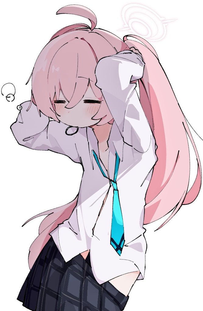 hoshino (blue archive), blue archive, commentary, 1girl, = =, ahoge, aqua necktie, black skirt, closed eyes, clothes pull, dressing, hair between eyes, hair tie in mouth, halo, long hair, long sleeves, mouth hold, necktie, nutaji, pink hair, pleated skirt, ponytail, shirt, simple background, skirt, skirt pull, solo, squeans, tying hair, very long hair, waking up, white background, white shirt