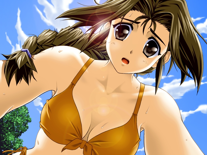 skyhouse, ayukawa hazuki, calendar girl, game cg, 1girl, bikini, braid, breasts, brown eyes, brown hair, cleavage, cloud, collarbone, day, female focus, from below, front-tie top, lens flare, long hair, looking at viewer, looking down, medium breasts, open mouth, orange bikini, side-tie bikini bottom, sky, solo, swimsuit, tree, wet