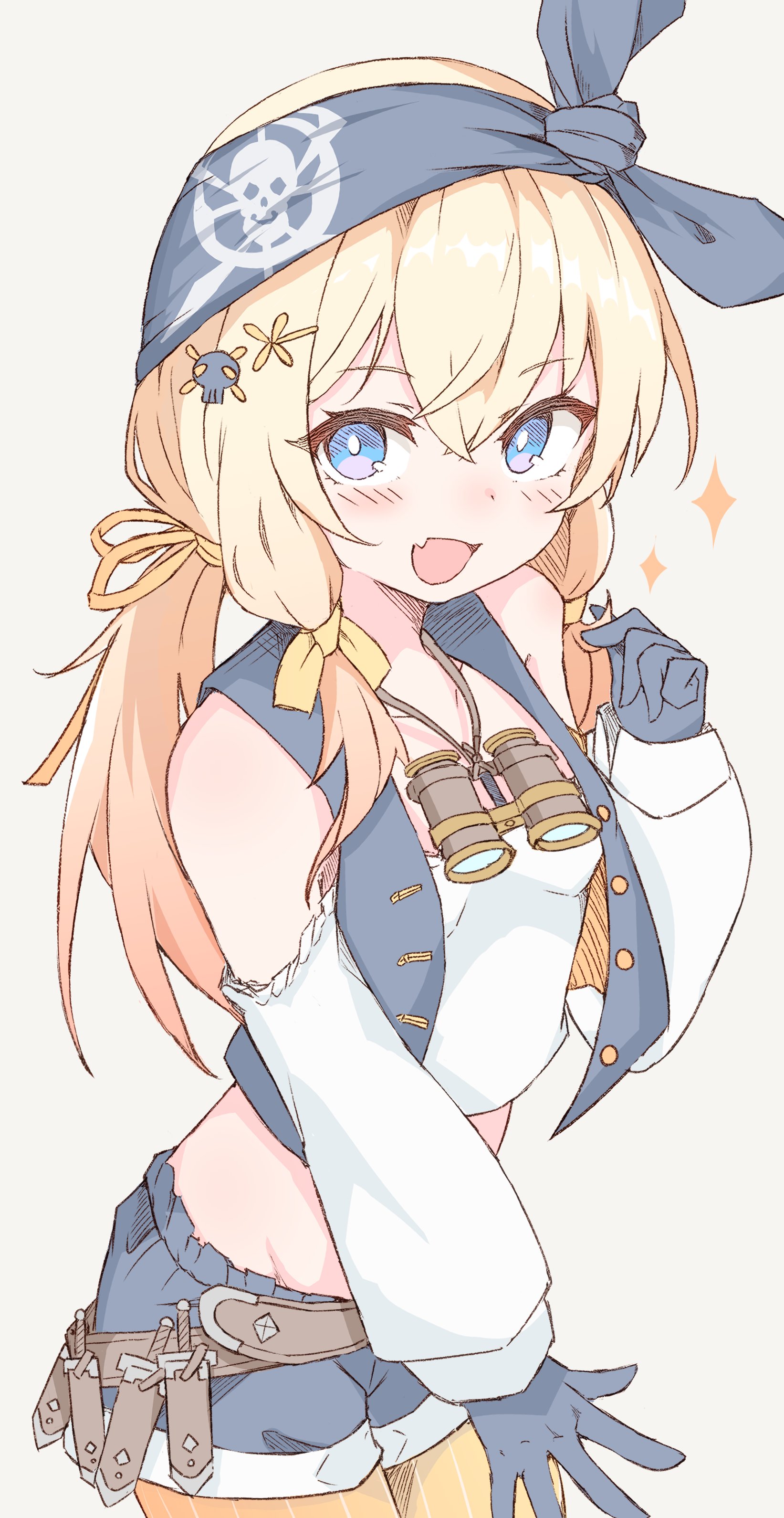 kazuki-p555, absurdres, copyright request, highres, 1girl, bandana, belt, binoculars, blonde hair, blue eyes, blush, fang, gloves, hair ornament, hair ribbon, long hair, looking at viewer, open mouth, orange pantyhose, pantyhose, ribbon, shorts, simple background, skin fang, smile, solo, twintails, yellow pantyhose, yellow ribbon