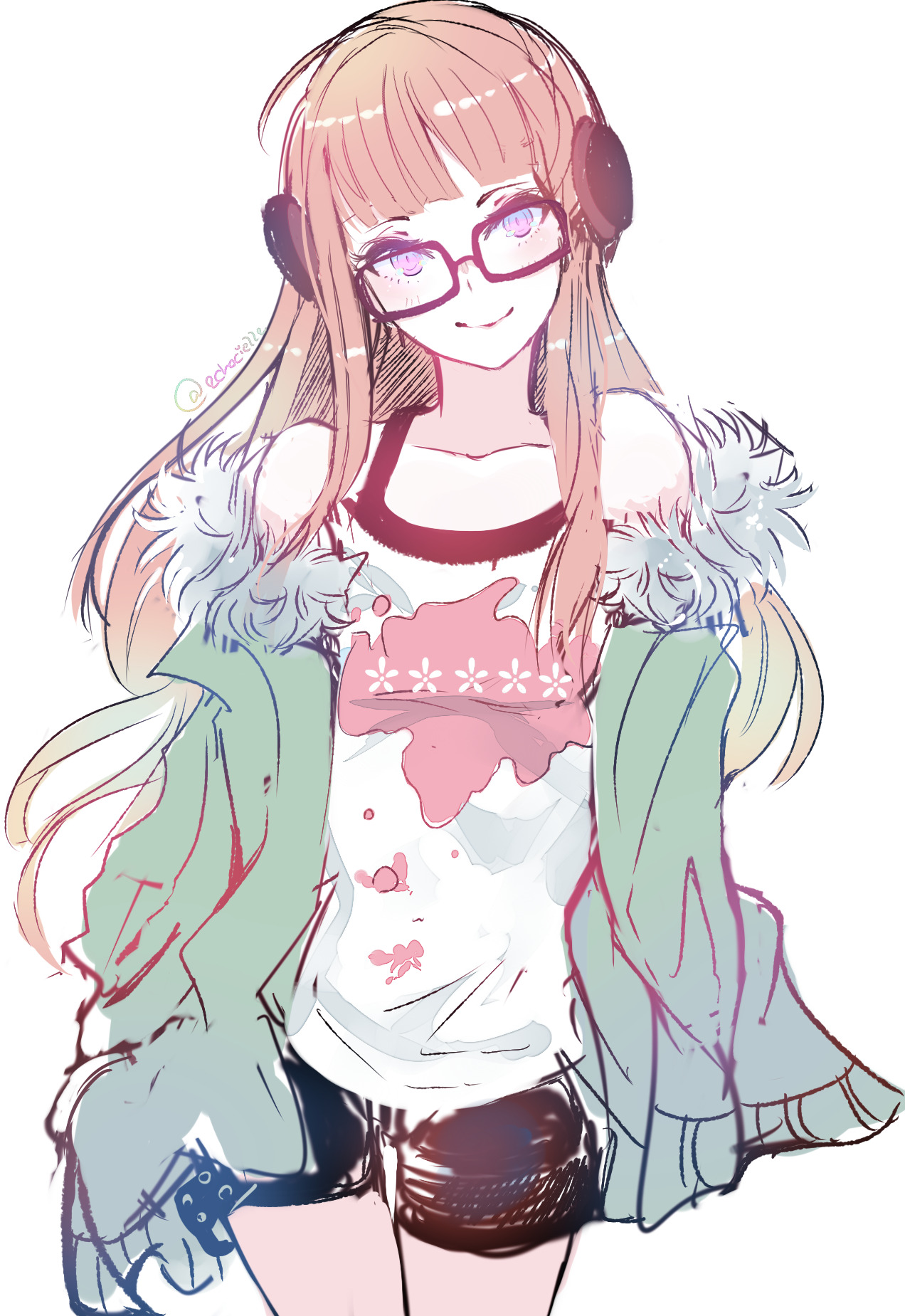 lumicakes, sakura futaba, persona, persona 5, highres, 1girl, ahoge, bare shoulders, black-framed eyewear, black shorts, blunt bangs, cowboy shot, fur-trimmed jacket, fur trim, glasses, green jacket, headphones, jacket, long hair, looking at viewer, orange hair, purple eyes, shirt, shorts, simple background, sleeveless, smile, solo, very long hair, white background