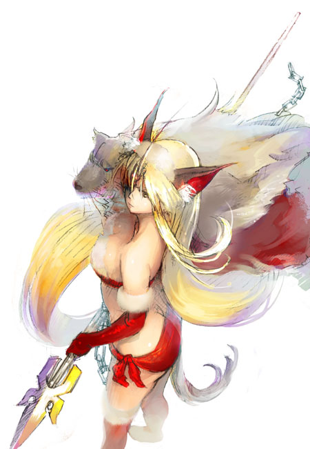 kage yuu, fenrir knight, riesz, seiken densetsu, seiken densetsu 3, bad id, bad pixiv id, animal ears, blonde hair, chain, elbow gloves, gloves, long hair, polearm, solo, spear, very long hair, weapon, wolf, wolf ears