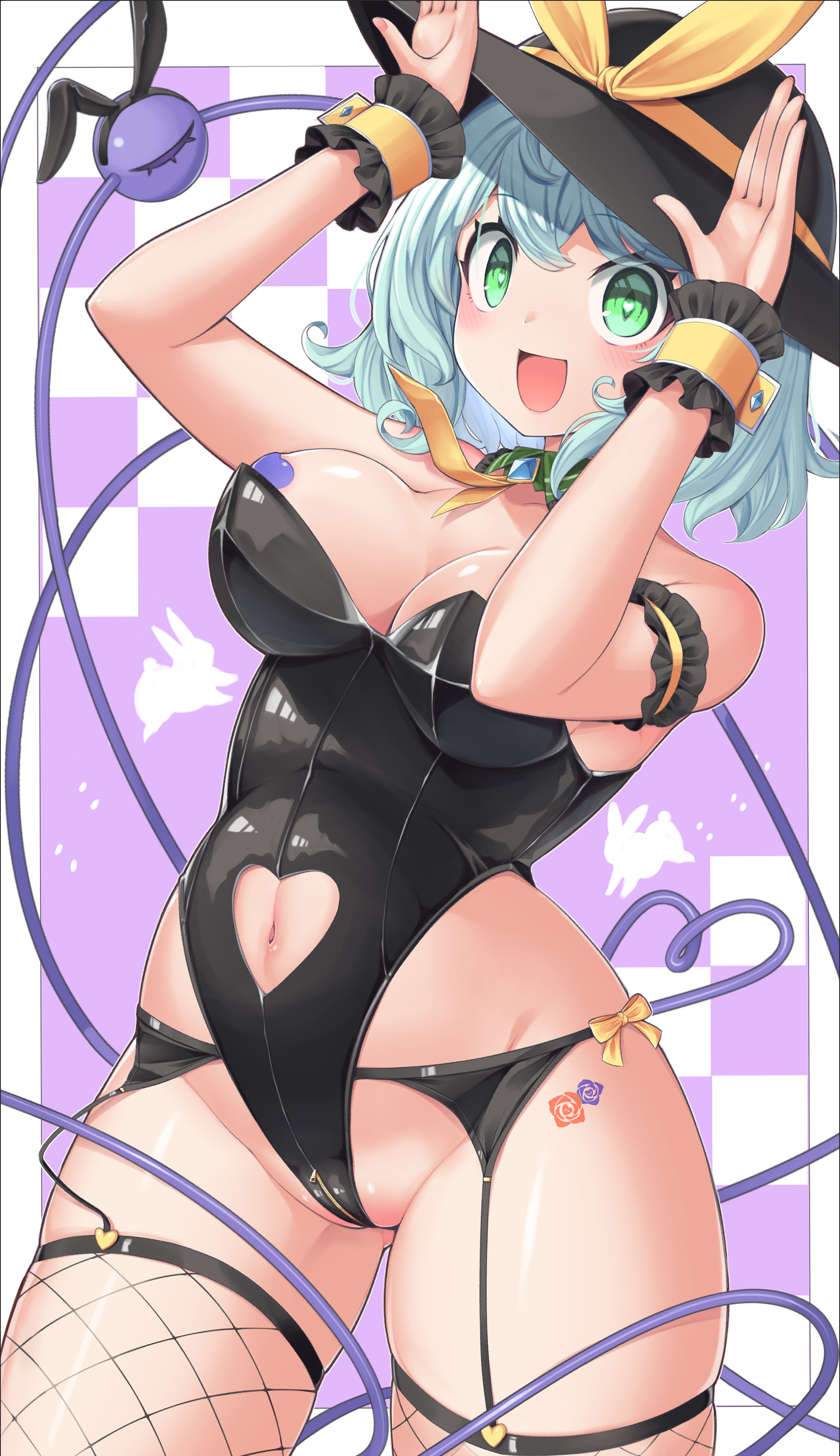 harunoha, komeiji koishi, touhou, absurdres, highres, 1girl, black leotard, black thighhighs, blush, breasts, covered erect nipples, frills, green eyes, green hair, hat, large breasts, leotard, looking at viewer, open mouth, purple background, ribbon, solo, strapless, strapless leotard, thigh strap, thighhighs, third eye, white background, wrist cuffs