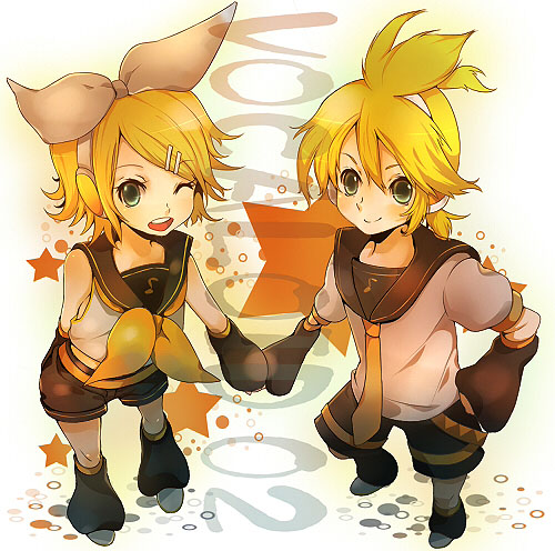akishima kei, kagamine len, kagamine rin, vocaloid, lowres, 1boy, 1girl, brother and sister, detached sleeves, hair ornament, hair ribbon, hairclip, headphones, ribbon, siblings, twins