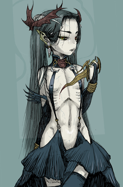 wamusato haru, 1girl, collar, eberron, erandis vol, female focus, green eyes, knife, red eyes, ribs, skinny, solo, thighhighs, veins