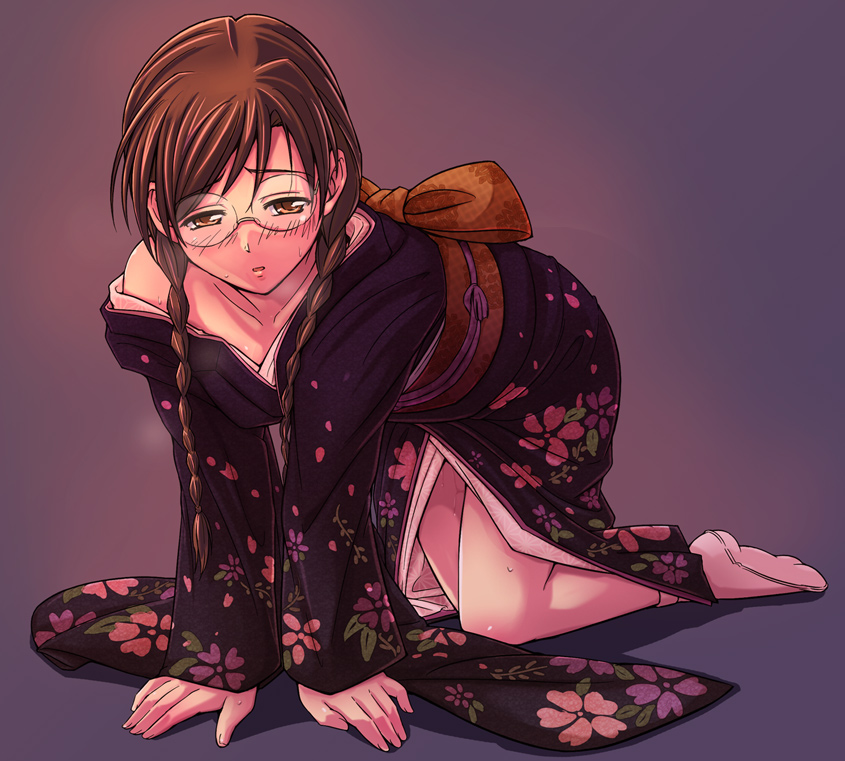 e20, clala, quiz magic academy, all fours, braid, brown hair, glasses, japanese clothes, kimono, socks, solo, tabi, twin braids, yellow eyes