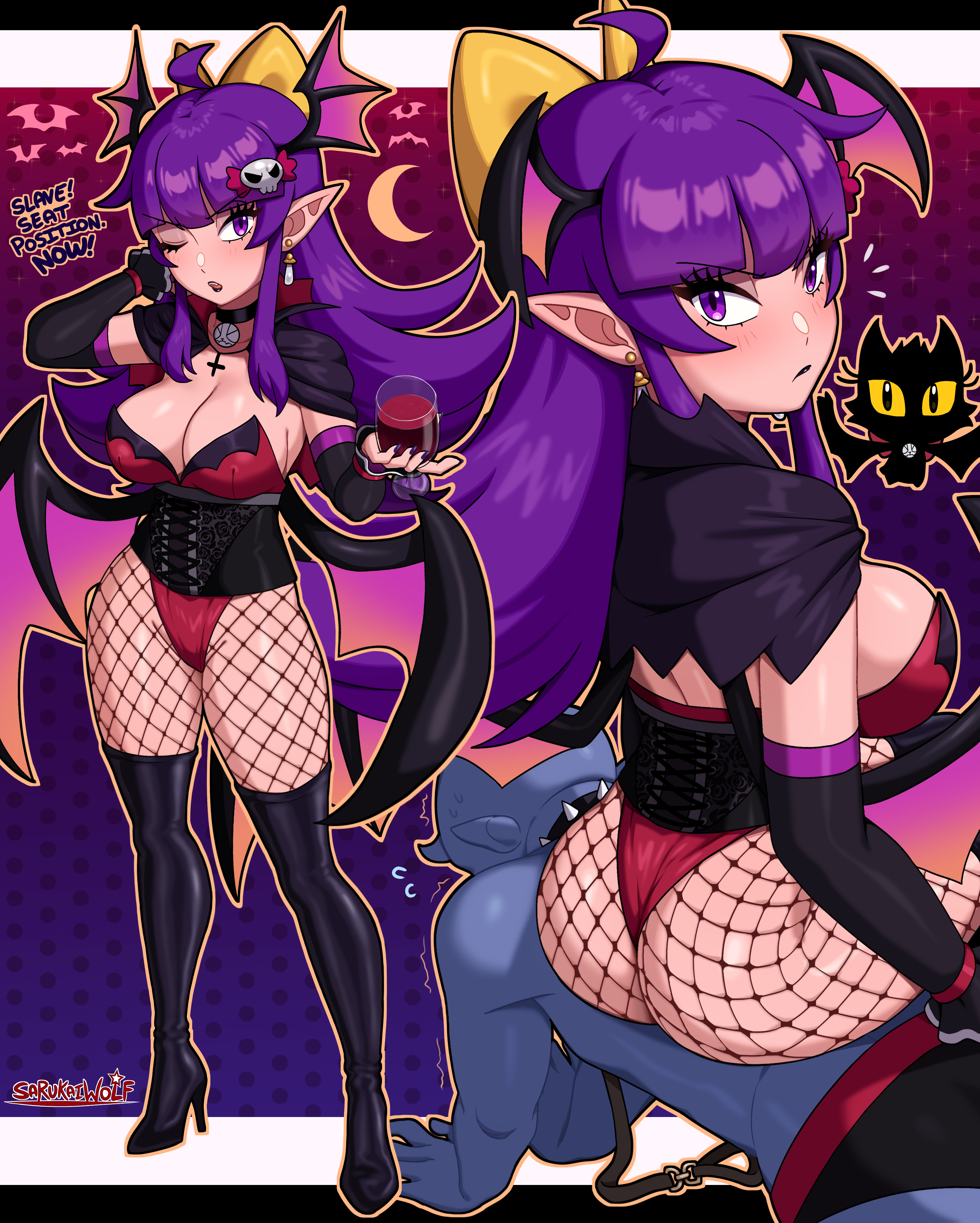 sarukaiwolf, violentine (sarukaiwolf), original, absurdres, highres, 1boy, 1girl, ahoge, all fours, ass, bat (animal), bat wings, black capelet, black sleeves, boots, bow, breasts, capelet, colored skin, detached sleeves, earrings, english text, grey skin, hair bow, hair ornament, head wings, high heel boots, high heels, jewelry, large breasts, leotard, one eye closed, pointy ears, purple eyes, purple hair, red capelet, red leotard, sidelocks, sitting, sitting on person, skull hair ornament, thigh boots, two-sided capelet, wings, yellow bow