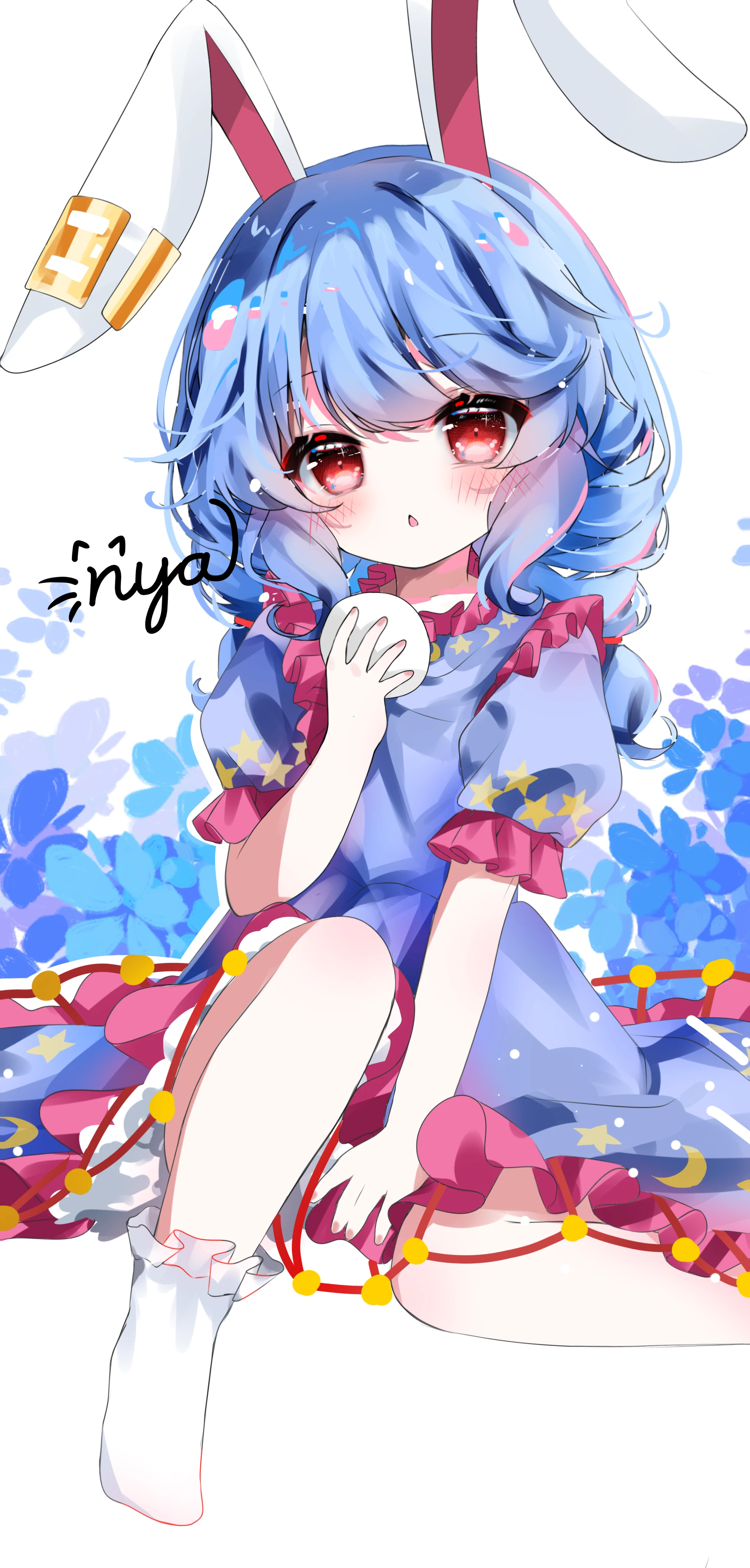 seiran (touhou), touhou, absurdres, highres, animal ears, blue dress, blue hair, blush, dress, floral background, food, frills, holding, mochi, nya (pixiv 100585577), pastel colors, rabbit ears, red eyes, ribbon, short hair, sitting, smile, socks, solo, white background