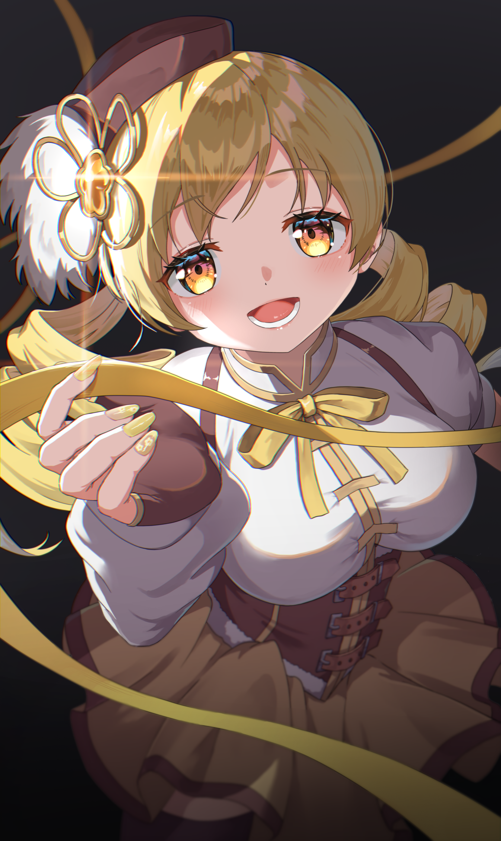 puella anko, tomoe mami, mahou shoujo madoka magica, mahou shoujo madoka magica (anime), absurdres, highres, 1girl, beret, blonde hair, blush, breasts, brown eyes, corset, drill hair, fingerless gloves, fingernails, gloves, hair ornament, hat, high collar, large breasts, long hair, lower teeth only, nail art, neck ribbon, open mouth, pleated skirt, ribbon, skirt, solo, soul gem, teeth, twin drills, yellow nails, yellow ribbon