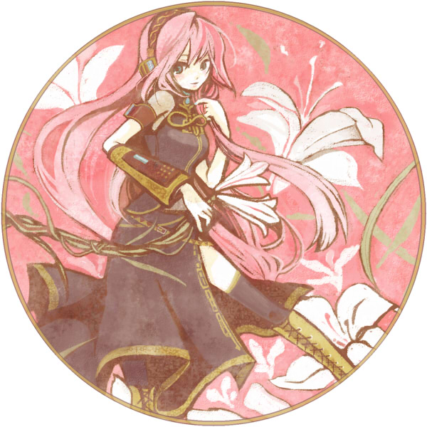 tasuku (bixbite), megurine luka, vocaloid, bare shoulders, flower, long hair, pink hair, round image, solo, thighhighs