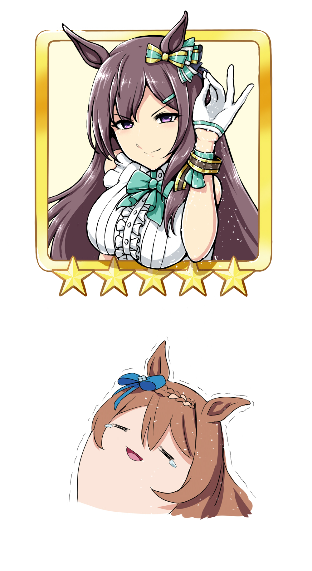 deno (denomina0), mejiro dober (twisted line) (umamusume), mejiro dober (umamusume), super creek (umamusume), umamusume, highres, 2girls, animal ears, black hair, breasts, brown hair, collarbone, gloves, hair ornament, hairclip, horse ears, horse girl, long hair, medium breasts, meme, multiple girls, open mouth, purple eyes, salt, salt bae (meme), simple background, sleeveless, tears, white background