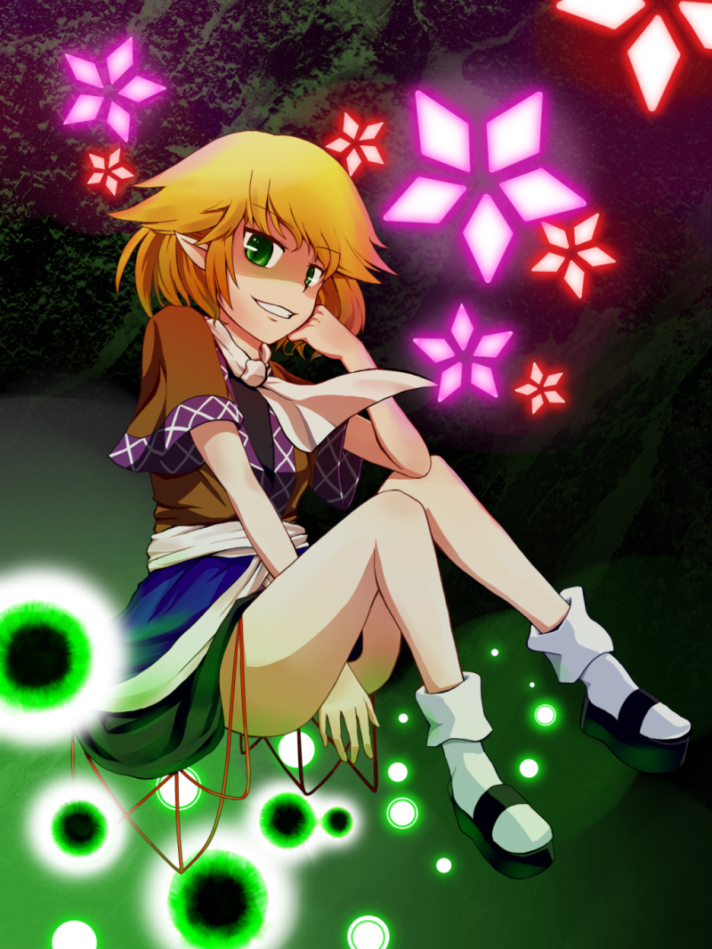 kari (karinimooreha), mizuhashi parsee, touhou, 1girl, ass, blonde hair, danmaku, female focus, full body, gradient background, green eyes, pointy ears, short hair, sitting, solo