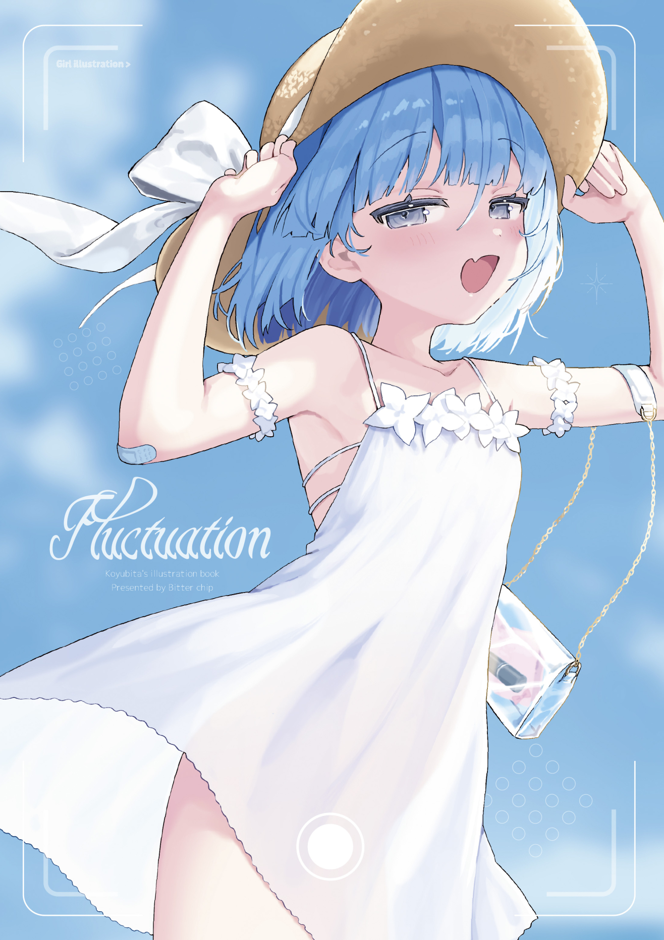 koyubita, comiket 106, original, commentary request, highres, 1girl, bag, bandaid, bare shoulders, blue eyes, blue hair, blush, cover, cover page, dress, flat chest, handbag, hat, open mouth, short hair, smile, solo, sun hat, sundress, viewfinder, white dress