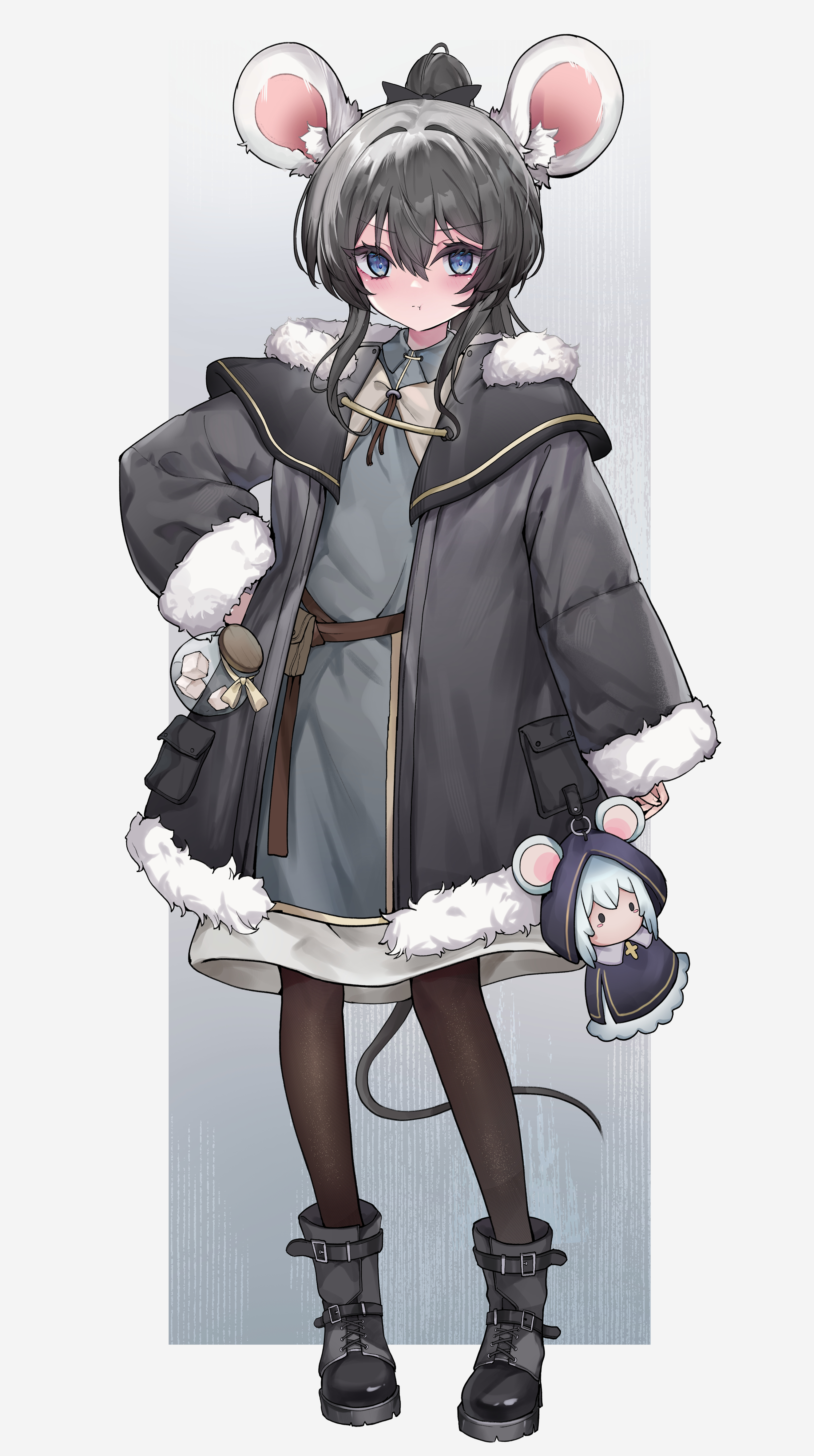 yinber, ratkin (rimworld), rimworld, absurdres, highres, 1girl, animal ear fluff, animal ears, black bow, black pantyhose, blue eyes, boots, bow, character doll, closed mouth, coat, doll, dress, full body, fur-trimmed coat, fur trim, grey boots, grey coat, grey dress, grey hair, hair between eyes, hair bow, hair intakes, hand on own hip, jar, long hair, looking at viewer, mouse ears, mouse girl, mouse tail, pantyhose, ponytail, pouch, pout, sleeves past wrists, standing, tail, tassets