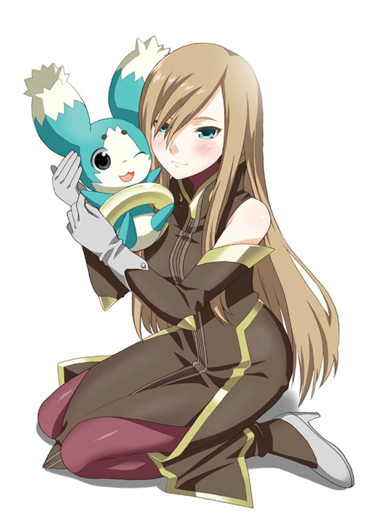 mattaku mousuke, mieu (tales), tear grants, tales of (series), tales of the abyss, 00s, 1girl, blush, boots, creature, detached sleeves, dress, female focus, full body, gloves, hair over one eye, high heels, long hair, pantyhose, red pantyhose, shoes, simple background, sitting, solo, swept bangs, thighhighs, very long hair, white background