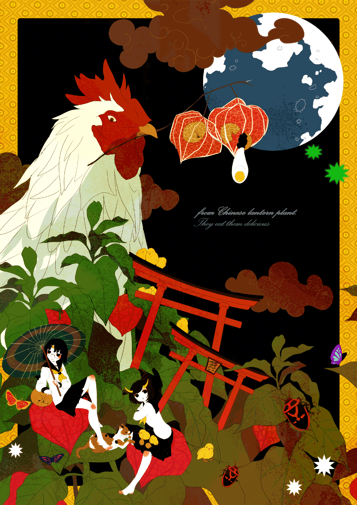 pa (artist), bad id, bad pixiv id, copyright request, highres, 2girls, barefoot, beetle, bird, black eyes, black hair, bug, butterfly, cat, chicken, chinese lantern (plant), cloud, demon girl, earth (planet), egg, english text, engrish text, glasses, horns, insect, leaf, moon, multiple girls, oni, planet, ranguage, school uniform, serafuku, surreal, torii, umbrella