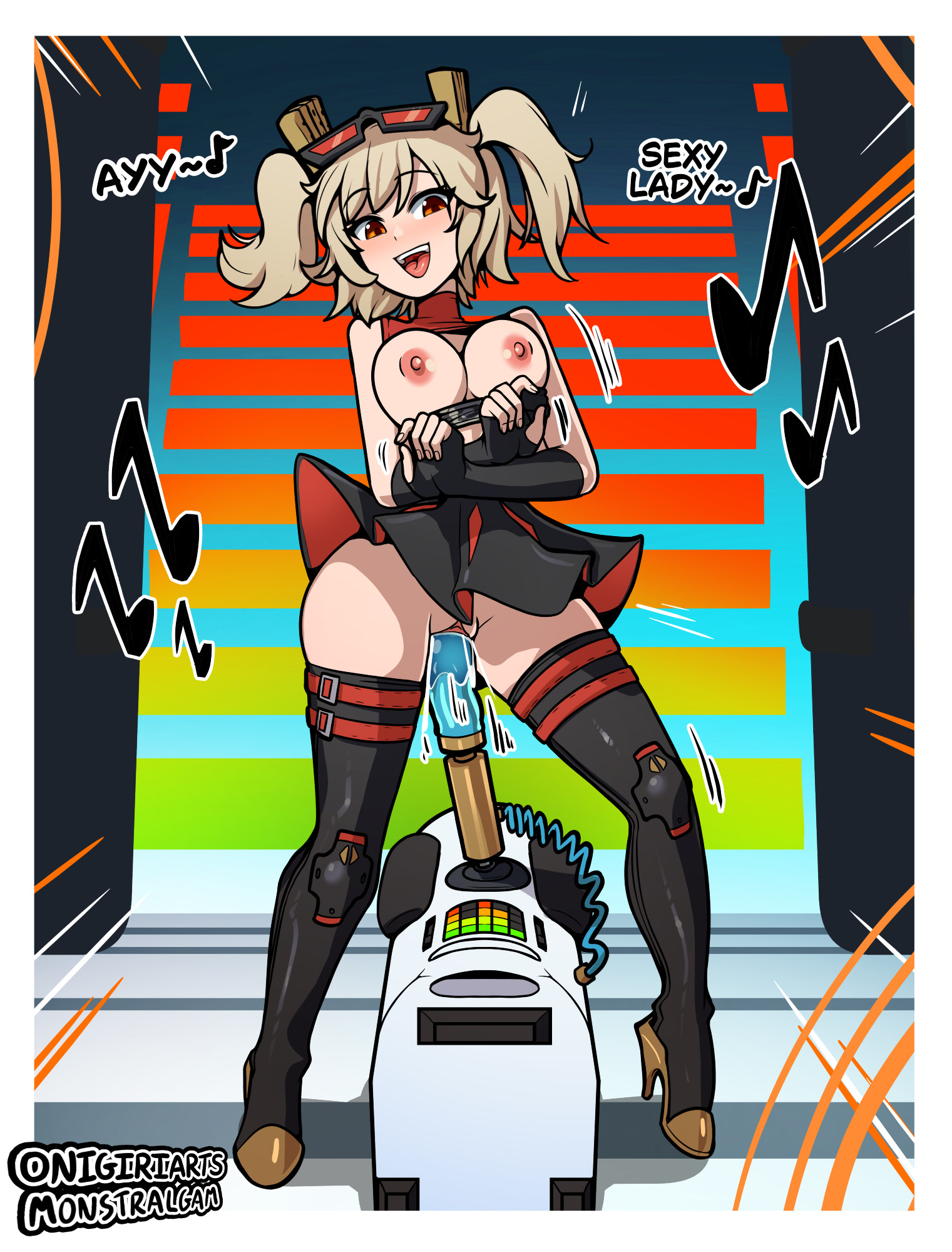 onigiriarts, burnice white, gangnam style, zenless zone zero, commentary, english commentary, highres, 1girl, artist name, black boots, black gloves, black skirt, blonde hair, blush, boots, breasts, breasts out, dancing, dildo, eyewear on head, gloves, high heel boots, high heels, large breasts, long hair, looking at viewer, music, musical note, nipples, open mouth, pussy, pussy juice, red-tinted eyewear, red eyes, sex machine, sex toy, singing, skirt, solo, sunglasses, thigh boots, tinted eyewear, twintails, uncensored