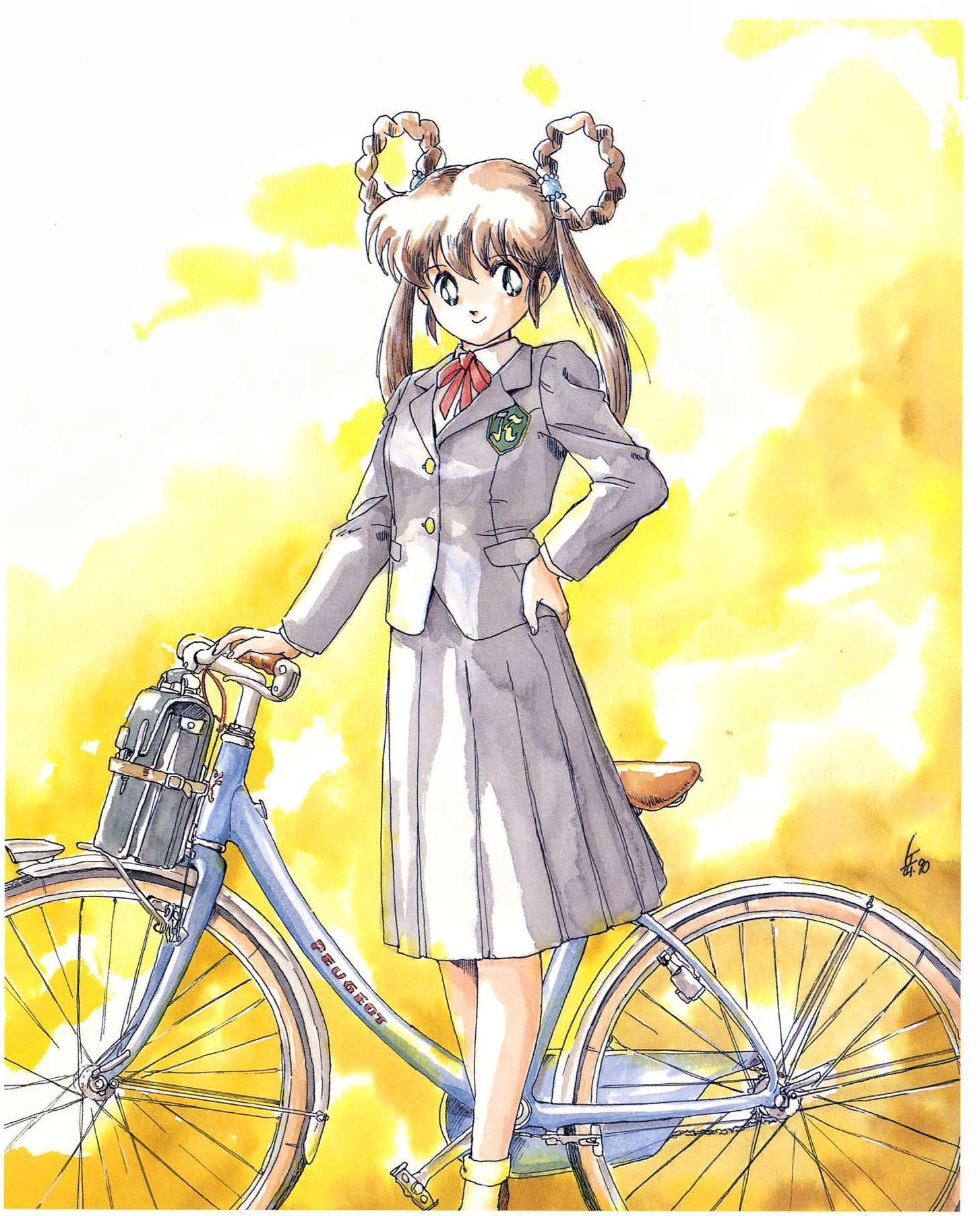 miyao gaku, mano youko, mamono hunter youko, highres, official art, 1girl, bicycle, braid, braided hair rings, brown hair, closed mouth, hair rings, jacket, long hair, looking at viewer, pleated skirt, retro artstyle, school uniform, skirt, smile, solo, standing, twintails