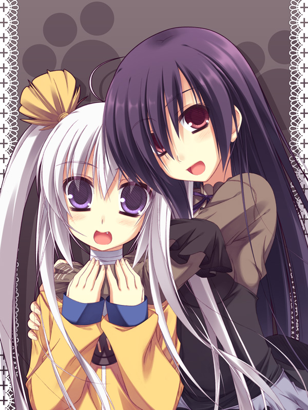 moriguchi yuu, mikage (toppara), sachiko (toppara), toppara, 2girls, multiple girls, pink eyes, purple eyes, purple hair, white hair