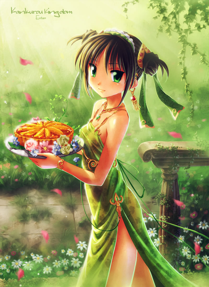 kankurou, original, 1girl, bare shoulders, black hair, blush, cake, china dress, chinese clothes, double bun, dress, female focus, food, garden, green dress, green eyes, hair bun, looking at viewer, nature, outdoors, plate, short hair, side slit, solo, standing