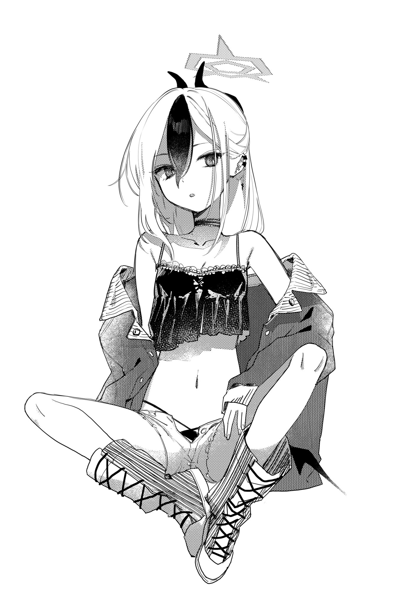 kisaka, kayoko (blue archive), blue archive, highres, 1girl, bare shoulders, boots, breasts, camisole, choker, collarbone, crop top, cross-laced shoes, ear piercing, earclip, full body, greyscale, hair between eyes, halo, horns, jacket, long hair, long sleeves, looking at viewer, midriff, monochrome, multicolored hair, navel, off shoulder, open clothes, open fly, open jacket, panties, parted lips, piercing, shoes, short shorts, shorts, simple background, single wing, sitting, small breasts, solo, two-tone hair, underwear, white background, wings