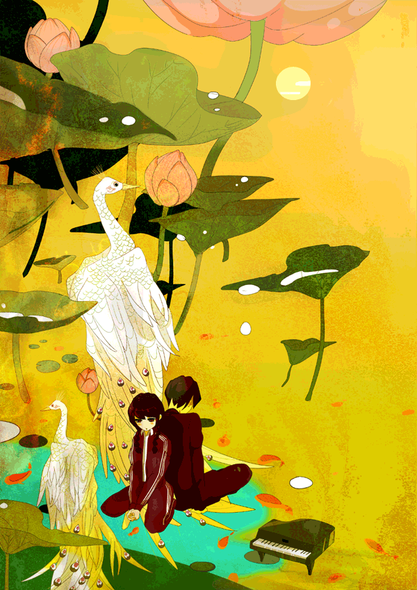 pa (artist), bad id, bad pixiv id, 1boy, 1girl, bird, couple, flower, hetero, instrument, lotus, peacock, piano, surreal, track suit, water