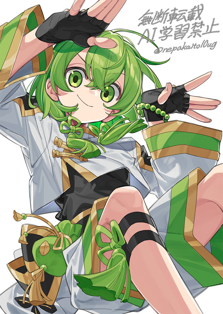 akagiasami, original, commentary, symbol-only commentary, 1girl, belt pouch, black gloves, black shirt, bracelet, gloves, green eyes, green hair, jewelry, looking at viewer, pants, pouch, shirt, white background, white pants, white shirt