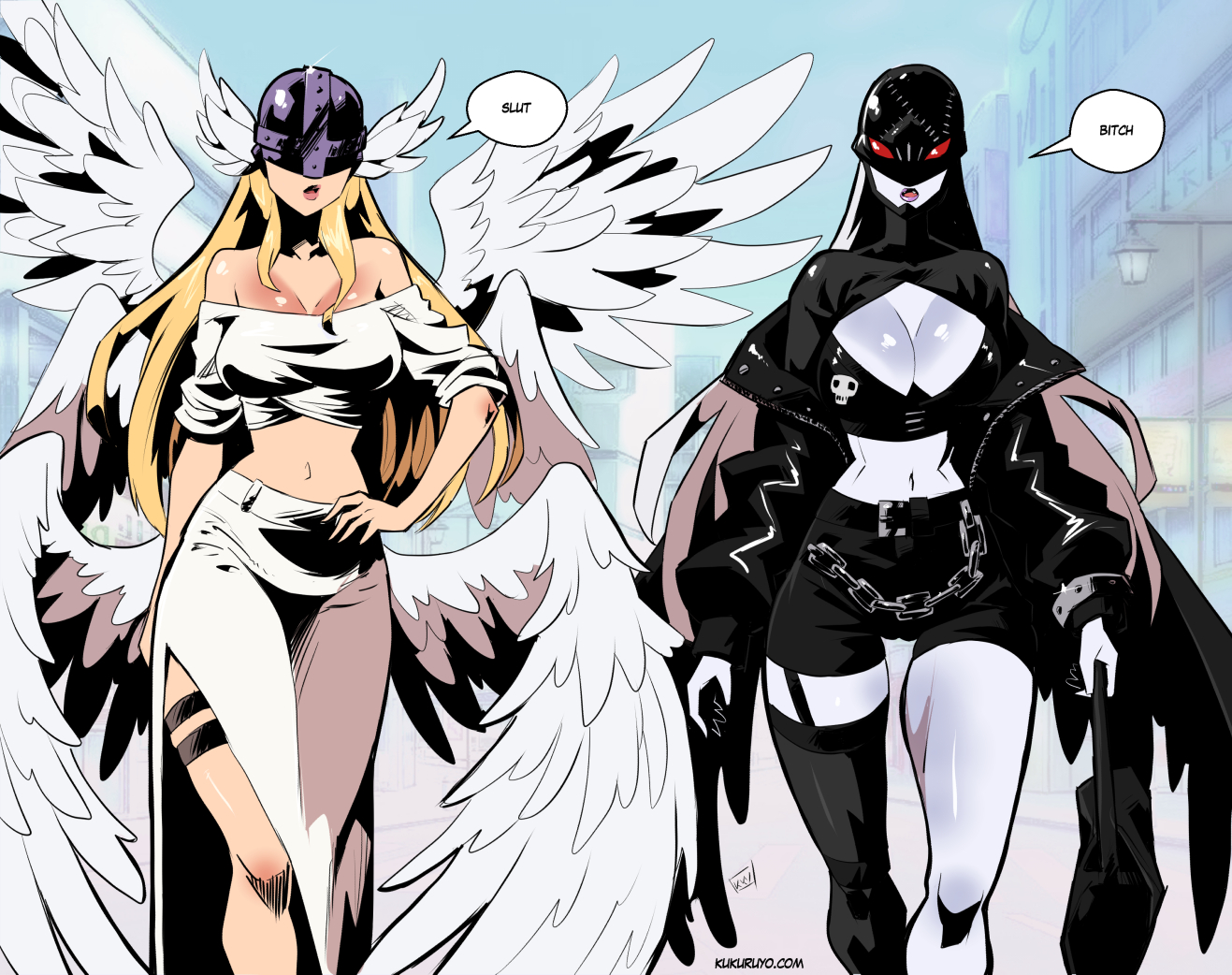 kukuruyo, angewomon, ladydevimon, digimon, commentary, english commentary, making-of available, paid reward available, 2girls, angel and devil, angel wings, black shorts, black wings, blonde hair, breasts, chain, cleavage, cleavage cutout, clothing cutout, colored skin, covered eyes, digimon (creature), hand on own hip, head wings, helmet, helmet over eyes, large breasts, long hair, long sleeves, low wings, mask, midriff, multiple girls, multiple wings, navel, off-shoulder shirt, off shoulder, open mouth, outdoors, profanity, puffy long sleeves, puffy sleeves, red eyes, shirt, shorts, side slit, single bare leg, single thighhigh, skirt, speech bubble, thigh strap, thighhighs, white shirt, white skin, white skirt, white wings, winged helmet, wings