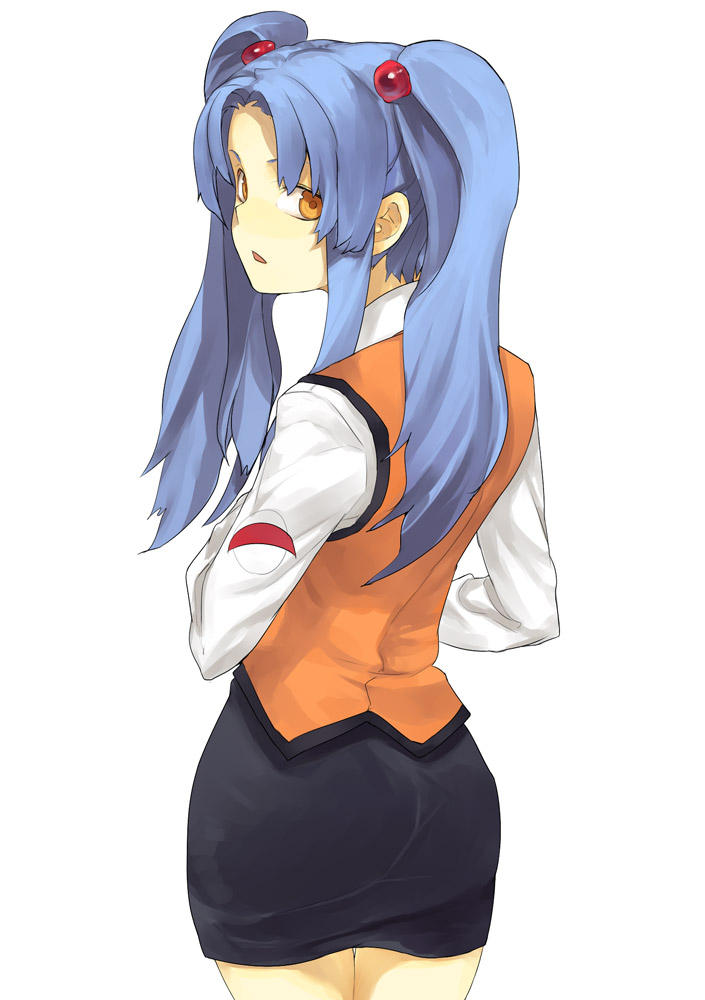 hama (22ji kara 24ji), hoshino ruri, kidou senkan nadesico, 1girl, :o, aged up, blue hair, female focus, from behind, hair bobbles, hair ornament, long sleeves, looking at viewer, parted lips, pencil skirt, sidelocks, simple background, skirt, solo, sphere hair ornament, twintails, vest, white background, yellow eyes