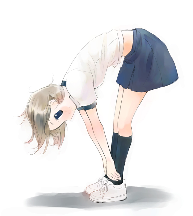 ikeda jun (mizutamari), original, bent over, blush, brown hair, full body, gym uniform, kneehighs, short hair, skirt, socks, solo, stretching