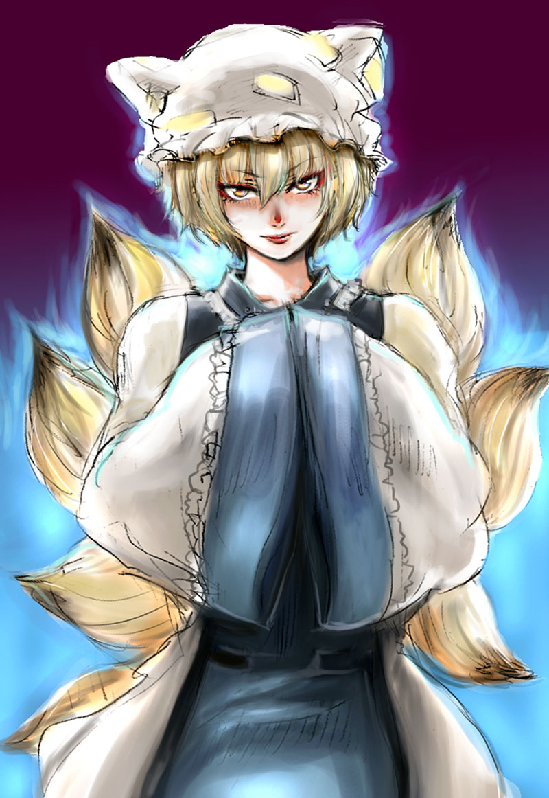 osakana (denpa yun'yun), yakumo ran, touhou, bad id, bad pixiv id, 1girl, animal hat, blonde hair, blush, brown eyes, collarbone, cowboy shot, expressionless, female focus, hair between eyes, hands in opposite sleeves, hat, lips, long sleeves, looking at viewer, mob cap, multiple tails, own hands together, short hair, sleeves past wrists, solo, tabard, tail, wide sleeves
