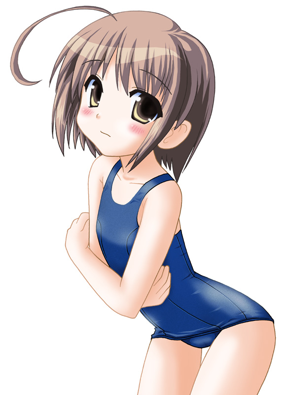 neopure, nekomiya nono, yotsunoha, 00s, 1girl, ahoge, blue one-piece swimsuit, blue school swimsuit, blush, brown hair, collarbone, female focus, flat chest, one-piece swimsuit, school swimsuit, short hair, solo, swimsuit, thigh gap, yellow eyes