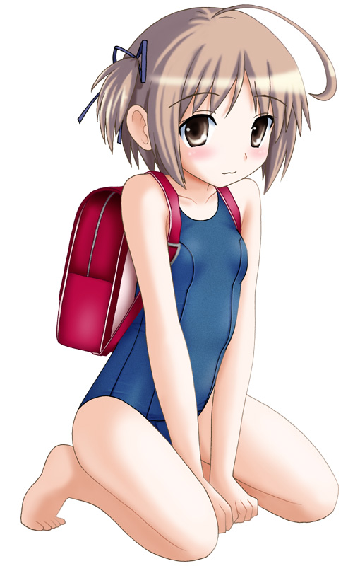 neopure, nekomiya nono, yotsunoha, 00s, 1girl, :3, ahoge, backpack, bag, barefoot, blue one-piece swimsuit, blue ribbon, blue school swimsuit, brown eyes, brown hair, female focus, flat chest, hair ribbon, one-piece swimsuit, one side up, randoseru, red bag, ribbon, school swimsuit, short hair, solo, swimsuit