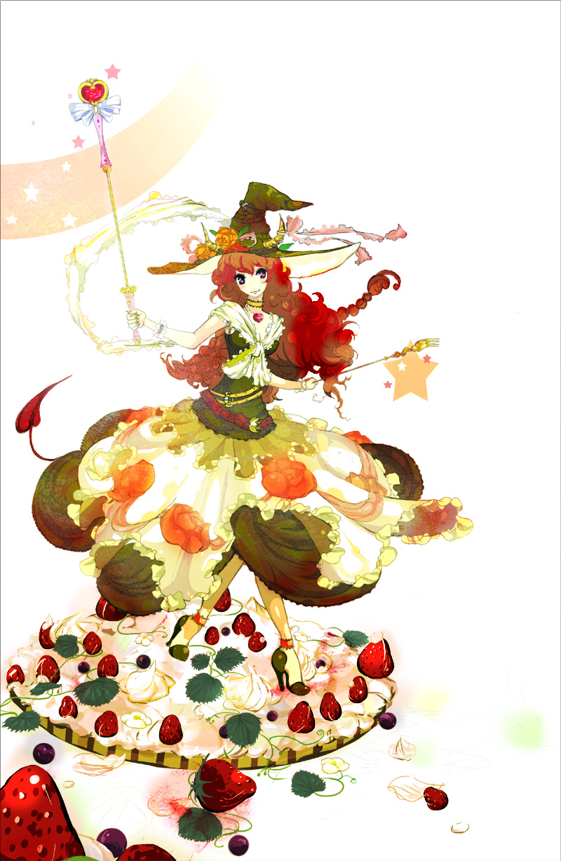 pa (artist), original, bad id, bad pixiv id, highres, curly hair, food, fork, hat, horns, red hair, solo, tail, witch, witch hat, wrist cuffs